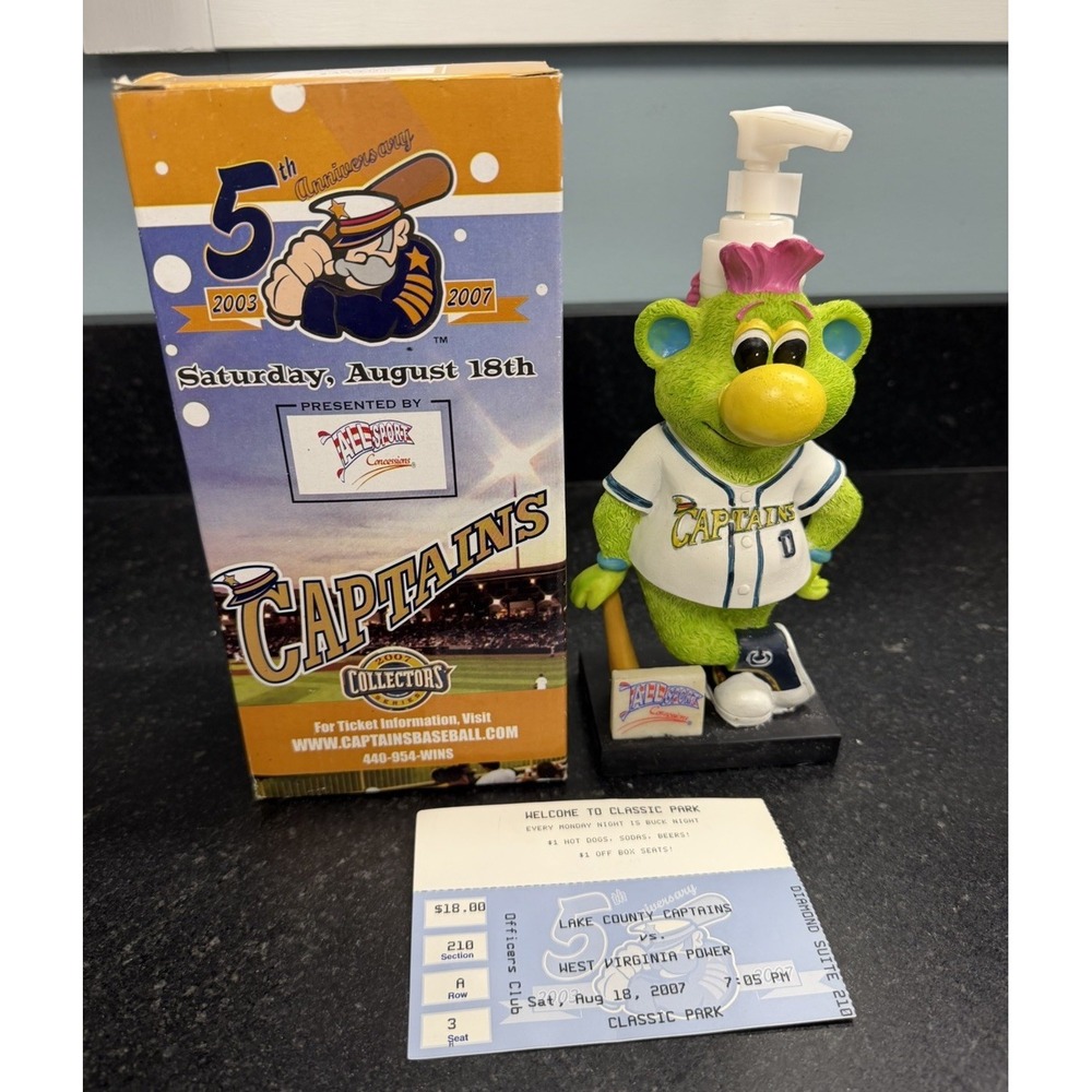 2007 Lake County Captains Skipper Mascot Soap Dispenser 5th Anniversary w Box